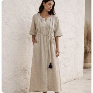 Guadalupe Sz L Evelina Long Tunic Maxi Dress Side Slits Pin Tuck Button Embrd